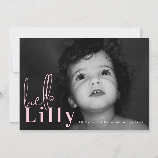 Script Hello Name Pink Girl Minimalist Photo Baby Announcement (Front)
