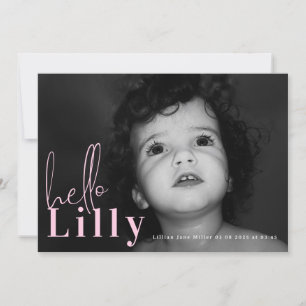 Script Hello Name Pink Girl Minimalist Photo Baby Announcement