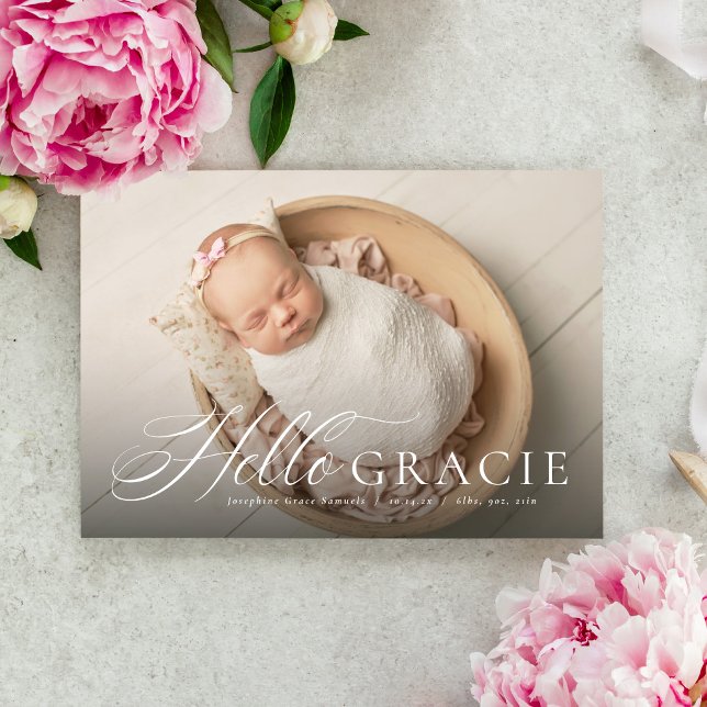 Script hello nickname pink one photo birth announcement (Creator Uploaded)