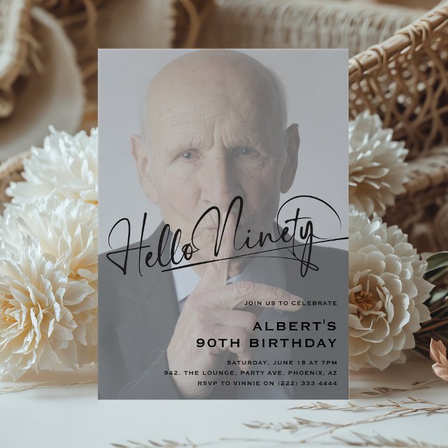 Script Hello Ninety Minimal Photo 90th Birthday Invitation (Creator Uploaded)
