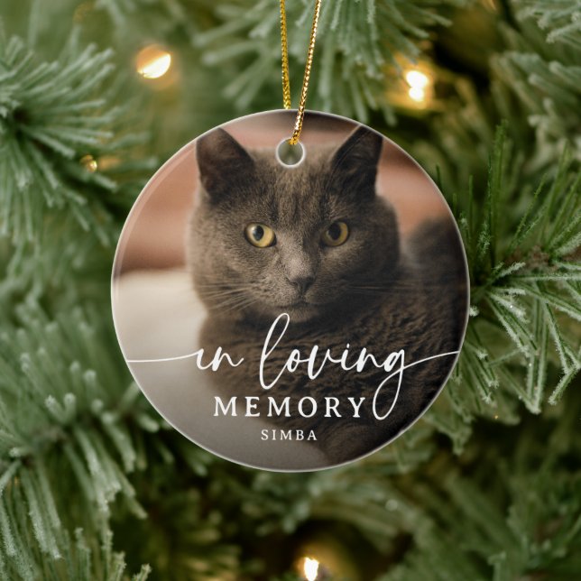Script In Loving Memory Photo Cat Memorial Ceramic Ornament (Tree)