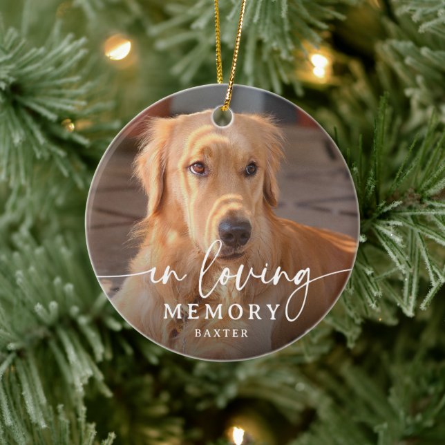 Script In Loving Memory Photo Dog Memorial Ceramic Ornament (Tree)