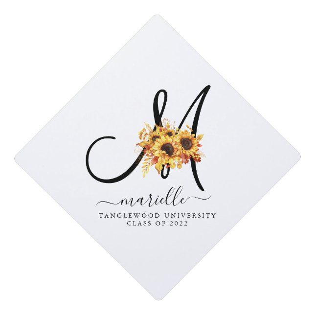 Script Initial Name Sunflowers Graduation 2022 Graduation Cap Topper (Front)