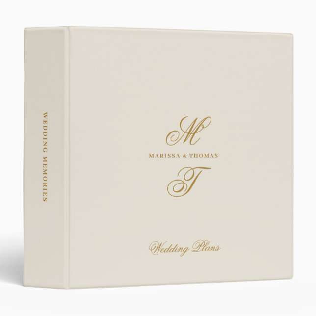 Script Ivory Gold Wedding Plans Monogram Planners Binder (Front/Spine)