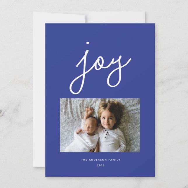Script Joy Modern Blue Personalized Photo Holiday Card (Front)