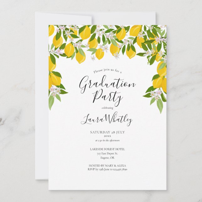 Script Lemons Blossom Greenery Graduation Party Invitation (Front)