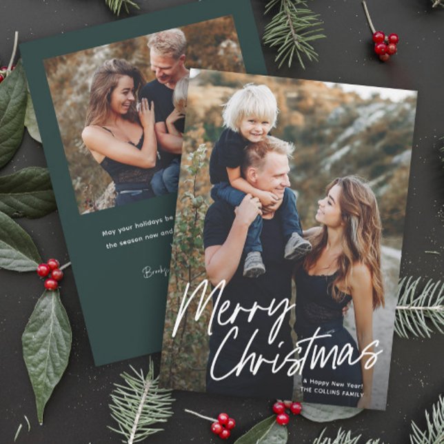 Script Lettering Merry Christmas 2 Photo  Holiday Card (Modern Lettering Script 2 Photo Christmas Holiday Cards.)