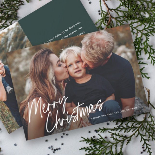 Script Lettering Merry Christmas 2 Photo  Holiday Card (Modern Hand Lettering 2 Photo Christmas Cards.)