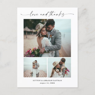 Script Love and Thanks 3 Photo Wedding Thank You Postcard