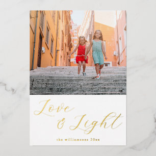 Script Love Light Simple Hanukkah Two Photo Gold Foil Holiday Card