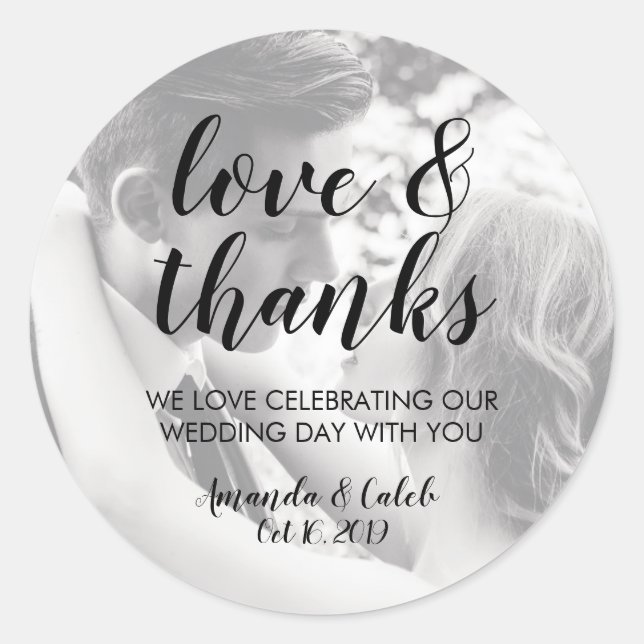 Script Love & Thanks Photo Wedding Favour Sticker (Front)