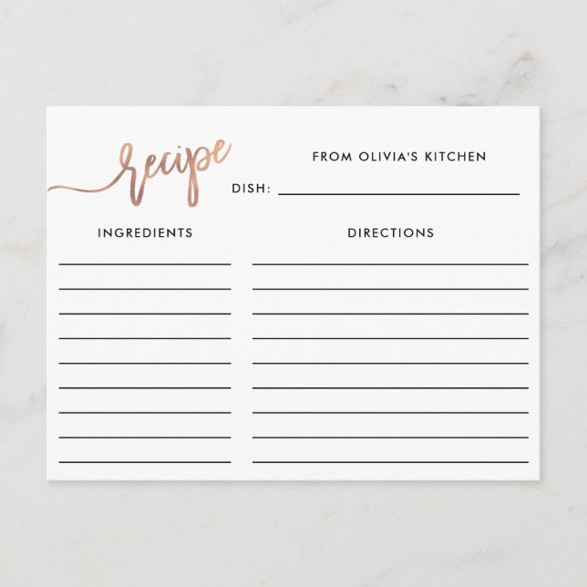 Script manuscrit en or Rose Faux | Carte de recett (Devant)