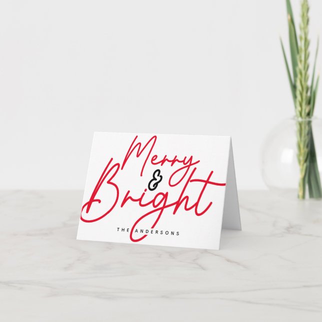 Script Merry and bright Christmas Red Holiday Card (Front)