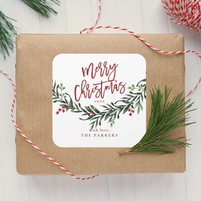 Script merry christmas branch with berries gift ta square sticker (Script Merry Christmas Greenery Gift Tag Sticker.)