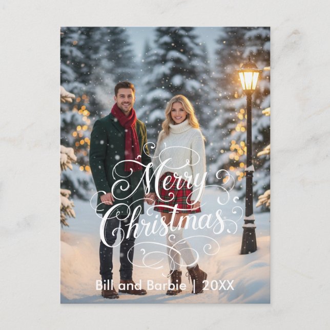 Script Merry Christmas Couples Photo Front Holiday Postcard (Front)