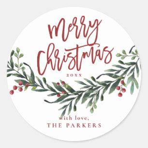 Script Merry Christmas Greenery  Classic Round Sticker
