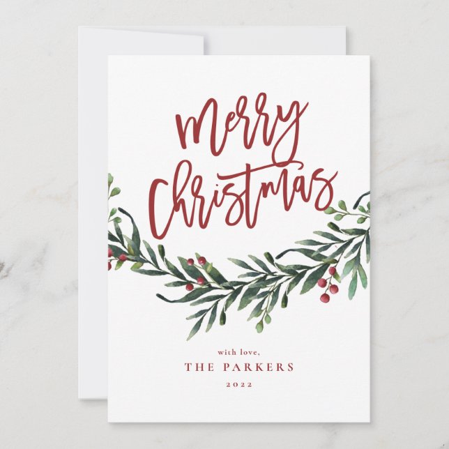 Script Merry Christmas Greenery Photo Holiday Card (Front)