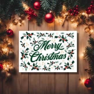 Script Merry Christmas Holly Red and Green Holiday Card