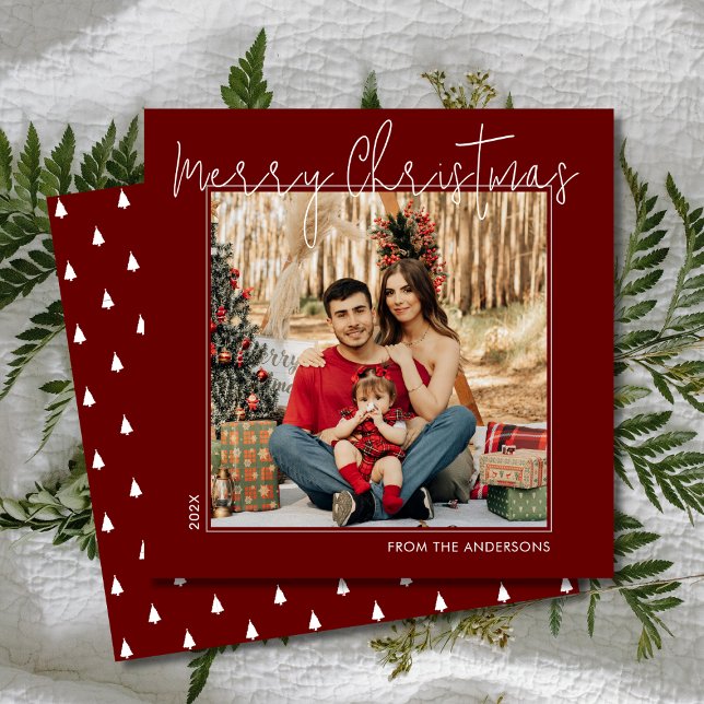 Script Merry Christmas Minimal 1 Photo Red Square Holiday Card (Creator Uploaded)