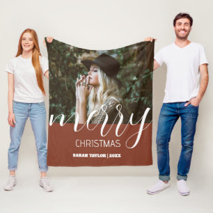 Script Merry Christmas Photo Name Personalized  Fleece Blanket