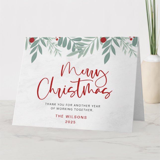 Script Merry Christmas Red And Green Botanical Card (Front)