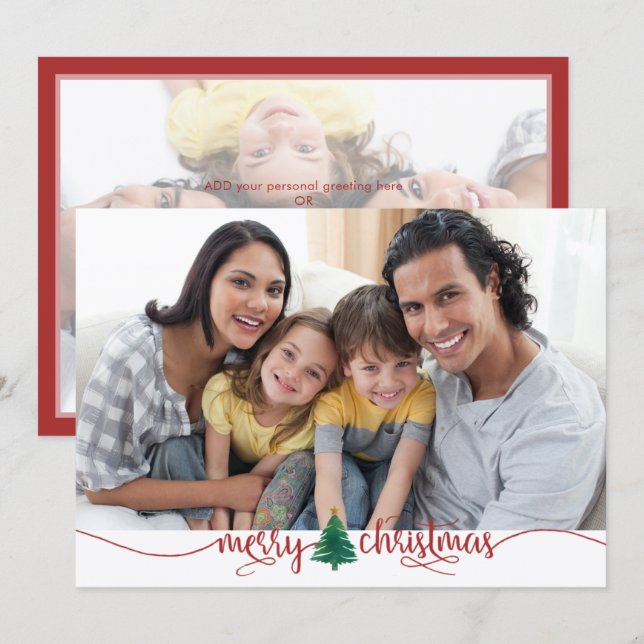 Script Merry Christmas Tree Red Green 2 Photo Holiday Card (Front/Back)