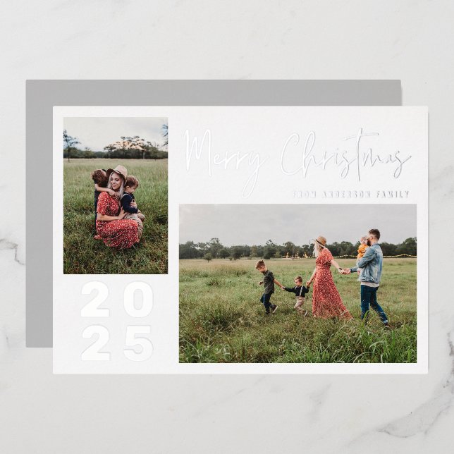 Script Merry Christmas Two Family Photo Silver Foil Holiday Card (Front/Back)