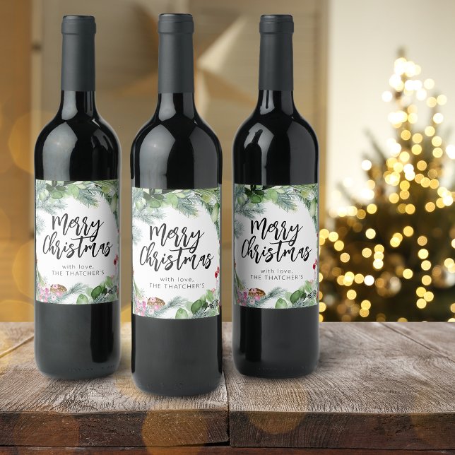 Script Merry Christmas Watercolor Greenery Wine Label (Script Merry Christmas Watercolor Greenery Wine Label)