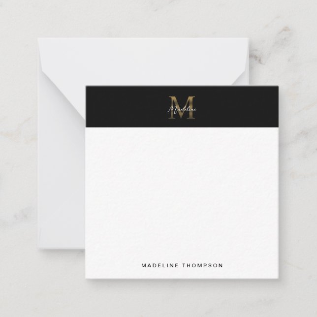 Script Metallic Black Gold Monogram Square Mini Card (Front)