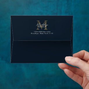 Script Metallic Navy Blue Gold Monogram Address Envelope