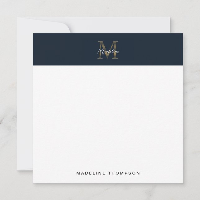 Script Metallic Navy Blue Gold Monogram Square Card (Front)