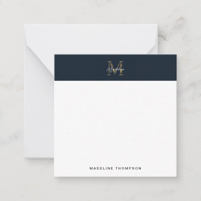 Script Metallic Navy Gold Monogram Square Mini Card (Front)