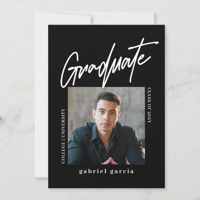 Script Minimal Black Photo Graduation Invitation (Front)