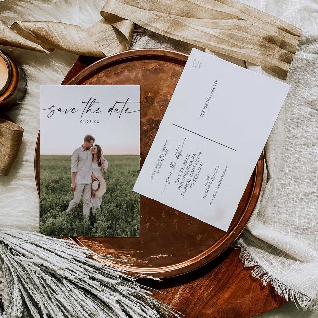 Script Minimalist Save The Date Photo Postcard (Creator Uploaded)