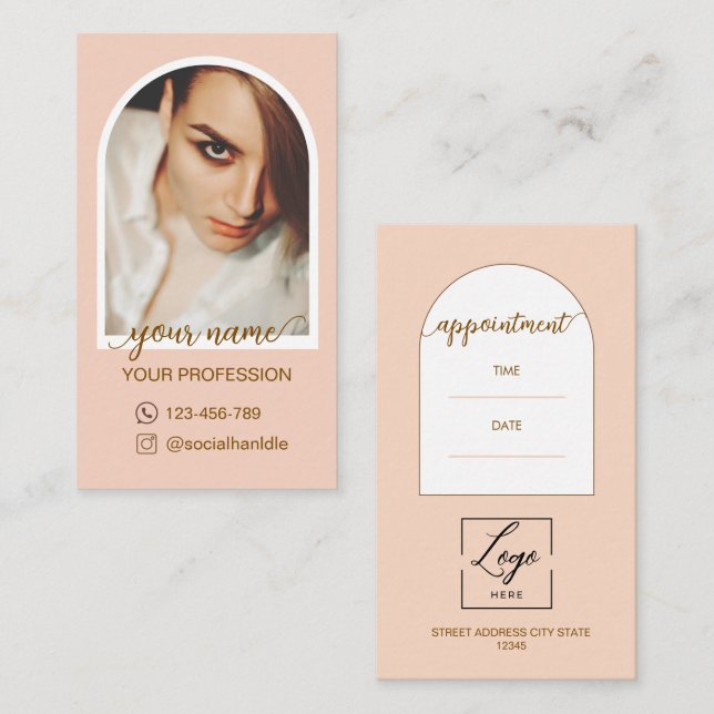 Script Modern arch pink photo qr code logo Appointment Card (Front/Back)