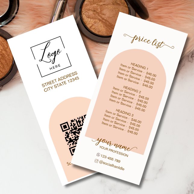 Script Modern arch pink  qr code logo price list Rack Card (Creator Uploaded)
