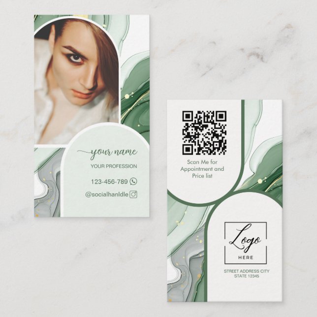 Script Modern arch sage green photo qr code logo Business Card (Front/Back)