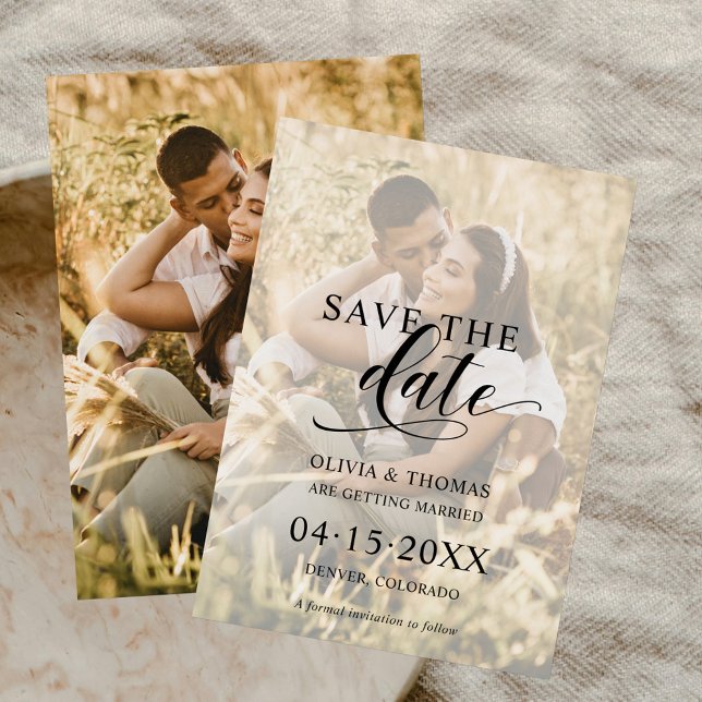  Script Modern Couple Photo Overlay Boho Wedding Save The Date (Creator Uploaded)
