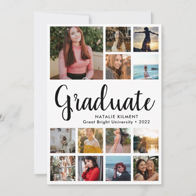 Script Modern Graduate 14 Photo Collage Graduation Announcement (Front)