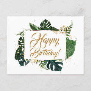 Script Modern Green Leaves Happy Birthday  Postcard