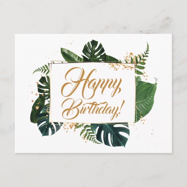 Script Modern Green Leaves Happy Birthday  Postcard (Front)