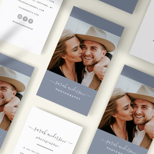 Script Modern Typography Photographer Dusty Blue Business Card