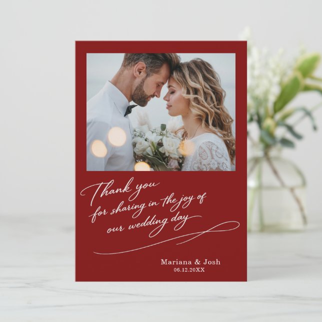 Script Modern Wedding 2 Photos Thank You Card (Standing Front)