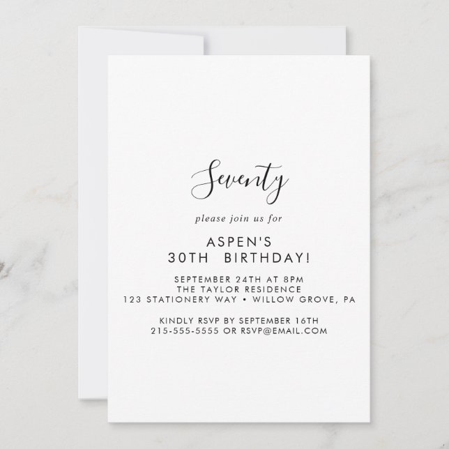 Script moderne 70e anniversaire de fête Invitation (Devant)