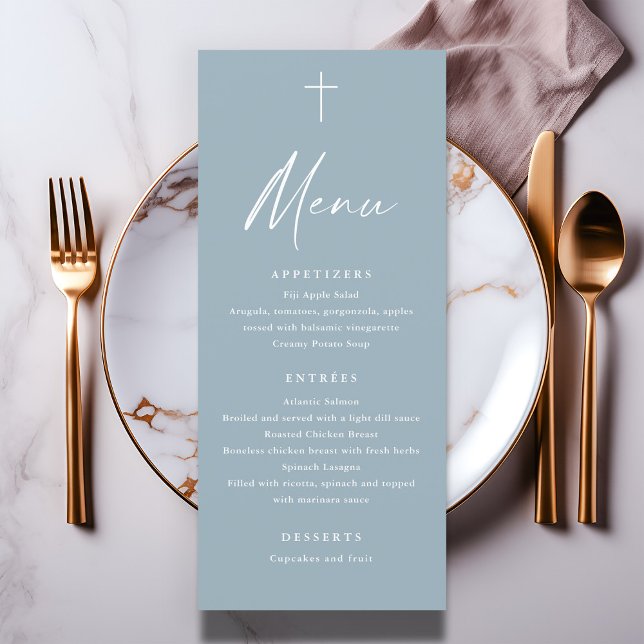 Script moderne Dusty Blue Baptême Menu (Modern script dusty blue baptism menu.)