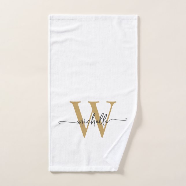 Script moderne élégant Blanc Or Monogramme Nom (Serviette à main)