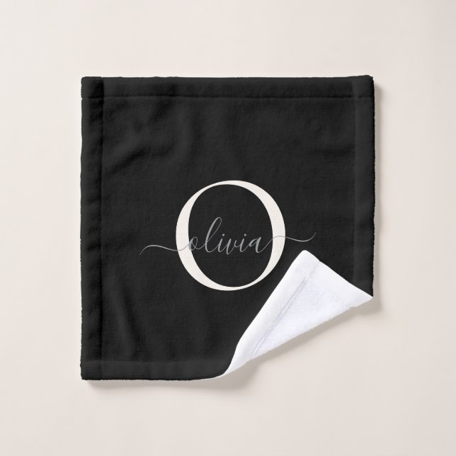 Script moderne élégant noir blanc monogramme (Gant de toilette)