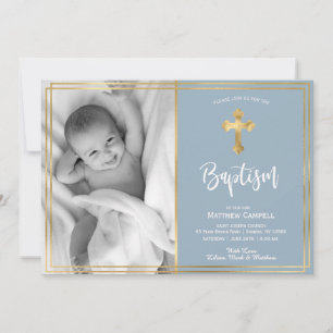 Script moderne Gold Cross Baptême bleu Invitation