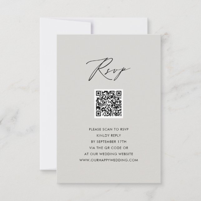 Script moderne gris élégant Simple QR Wedding RSVP (Devant)