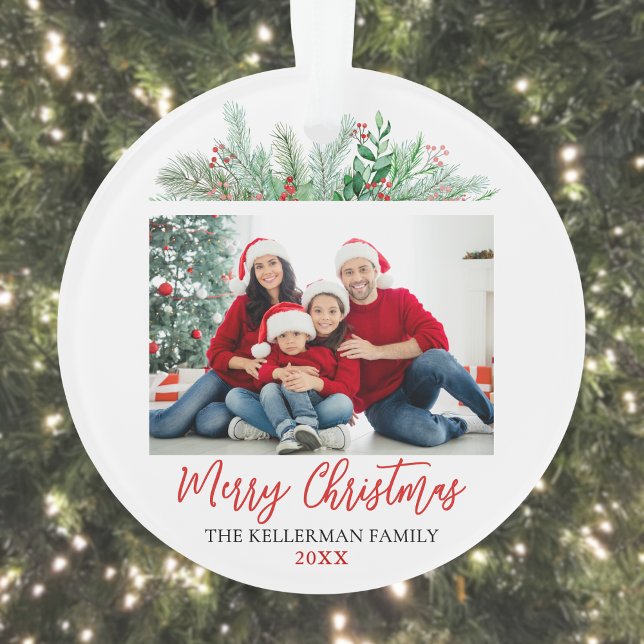 Script moderne Joyeux Noël Famille Photo Ornamen (Modern Script Merry Christmas Family Photo Ornamen Ornament)